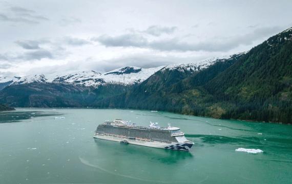 Aerial view of a Princess cruise ship on an Alaskan cruise with views of the water and mountains, a must-see for Seattle families
