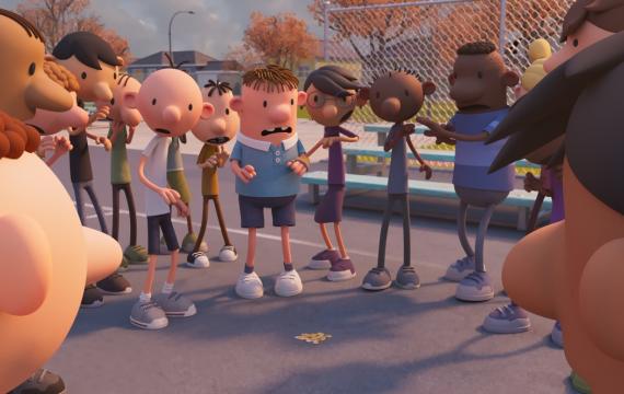 Group of kids standing around looking at cheese on a play ground in Diary of a Wimpy kid animatedmovie