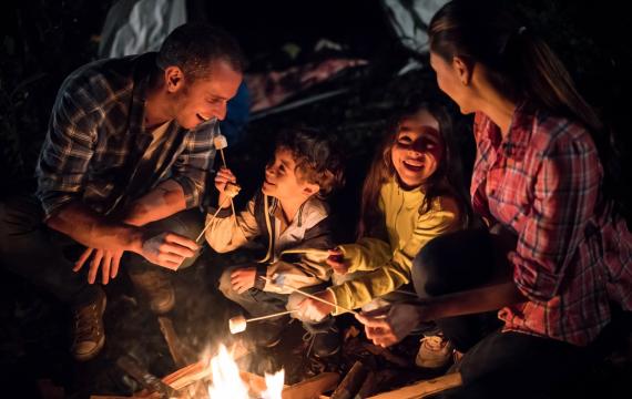 Families around a campfire roasting marshmallows and playing a campfire game