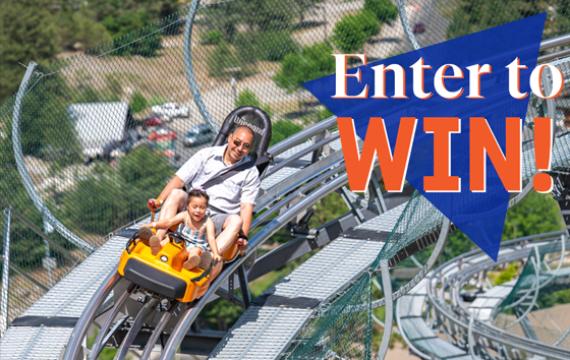 "Enter to Win!" text over a father and daughter on the Alpine Coaster