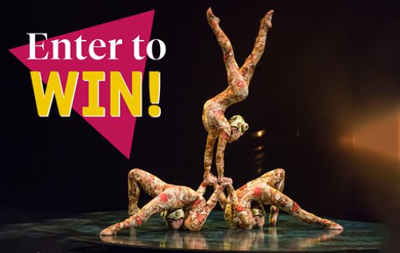 "Enter to Win!" text over circus performers on stage