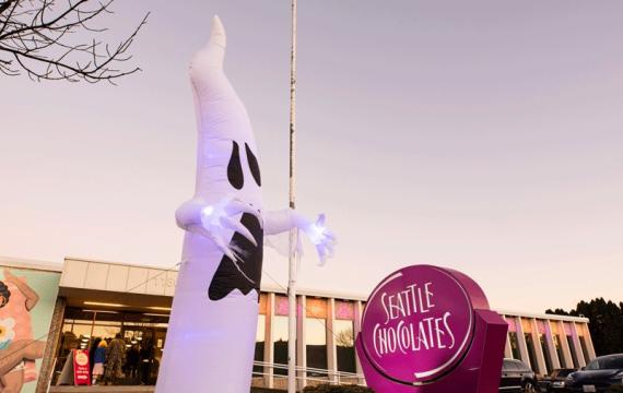 Haunted Chocolate Factory Tour decorations at Seattle Chocolate, a family-friendly Halloween activity