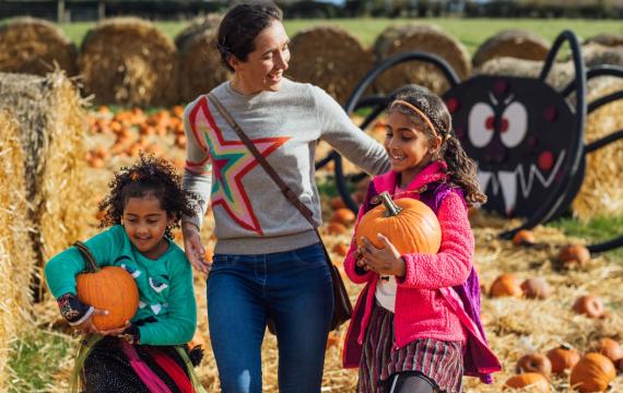 Mom and two daughters picking pumpkins at a pumpkin patch near Seattle