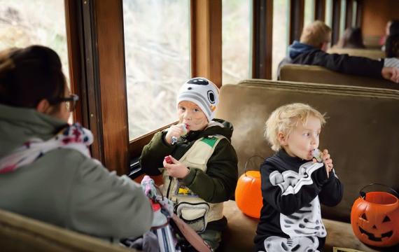 Two kids enjoying a Halloween train ride near Seattle, a fun fall activity for the whole family