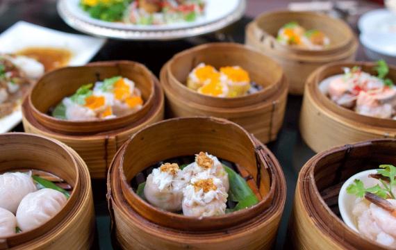 Bamboo baskets filled with different dumplings at a Seattle dumpling restaurant