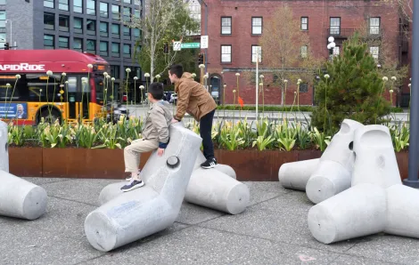 Habitat Beach dolos sculptures kids playing pioneer square