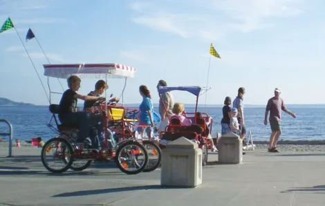 A family riding a covered bike on Alki beach