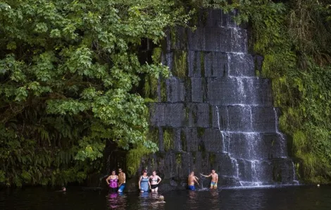 The waterfall and swimming area at Tenino Quarry Pool