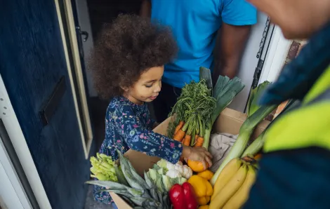 child checks out a bountiful CSA box