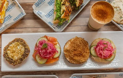 Bagel flight at Toasted., a Seattle bagel spot for families