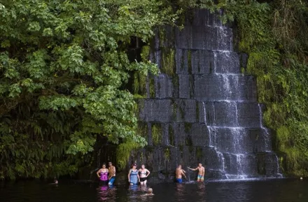 The waterfall and swimming area at Tenino Quarry Pool