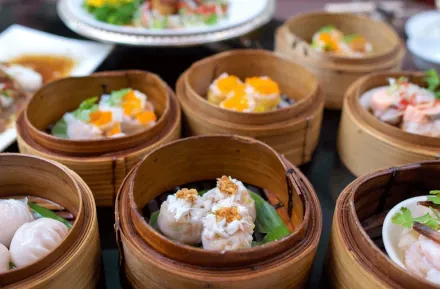 Bamboo baskets filled with different dumplings at a Seattle dumpling restaurant