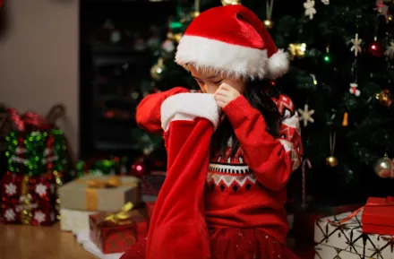 Girl looking in her Christmas stocking for the best stocking stuffers 