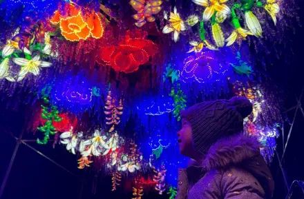 young girl looking up at "Boulevard of Blossoms" a WildLanterns display of hanging flowers at the west entrance of Woodland Park Zoo in Seattle