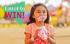 "Enter to Win" text over girl with cotton candy at the fair