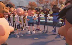 Group of kids standing around looking at cheese on a play ground in Diary of a Wimpy kid animatedmovie