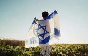 child faces away from the camera holding Israel's flag around him