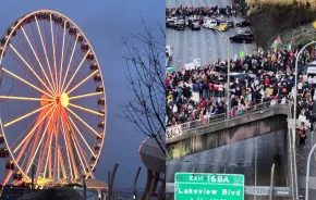 Seattle wheel and a protest on I-5